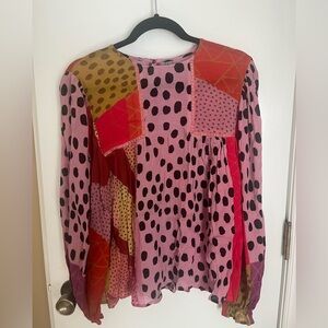 Anthropologie Pink and Red Polka Dot silk blouse